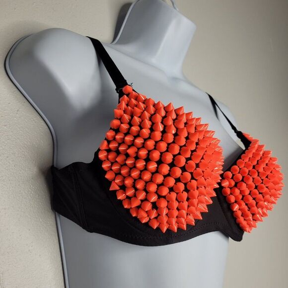 Neon orange plastic faux spike rave club kid alt baddie bra size 38 - Picture 2 of 6